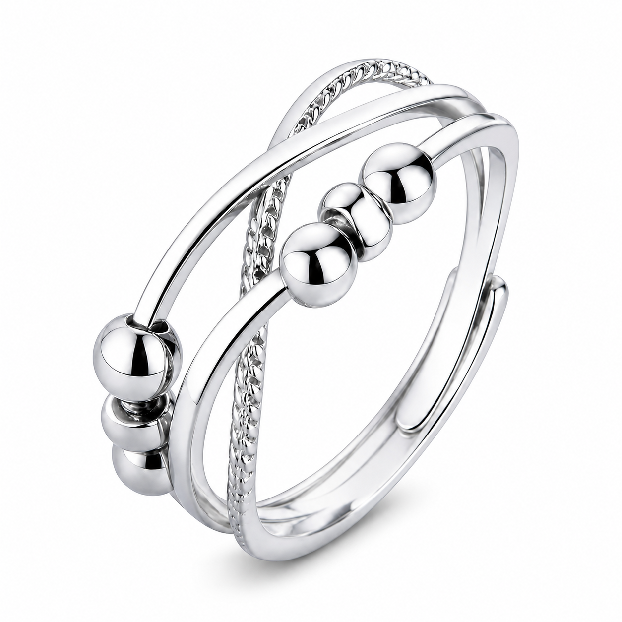 Multi-Band Bead Fidget Spinner Open Adjustable Ring For Women, Copper Plated Silver Twist Layer Stress Relief Minimalist Stackable Daily Jewelry Gift