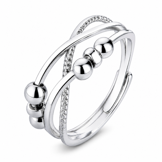 Multi-Band Bead Fidget Spinner Open Adjustable Ring For Women, Copper Plated Silver Twist Layer Stress Relief Minimalist Stackable Daily Jewelry Gift