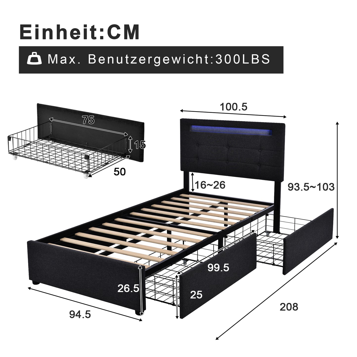 Bed Frame With LED Lighting And 2 Drawers, Single Bed Upholstered Bed 90x200cm, Height-adjustable Headboard, Wooden Slatted Base, Black  Without Mattress