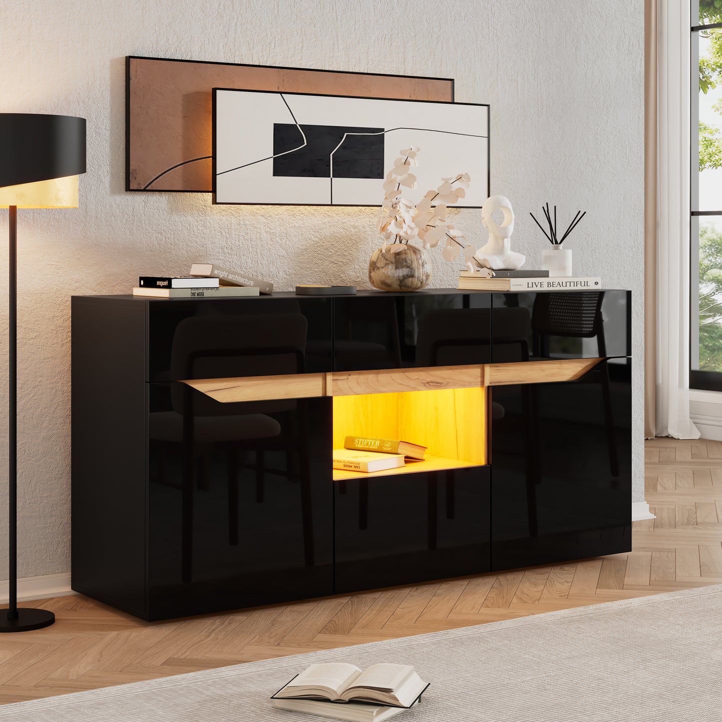 140x40x70cm Living Room Credenza,Sideboards With 4 Drawers,Cabinet With Two Compartments,Wide Handleless Dresser,Versatile,High Gloss Sofa Side Cabinet With LED Lighting,Black Wood Color