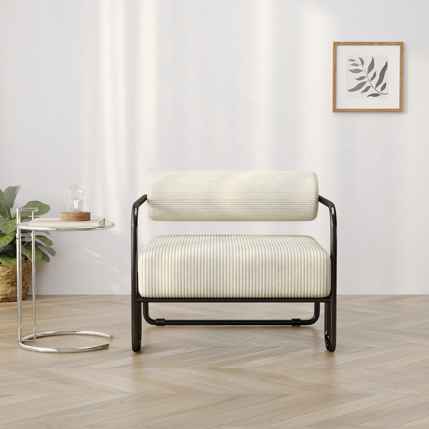 Modern Leather Armchair With Stylish Backrest 68.5x73x70.5CM - Covering In Soft Corduroy  Black Metal Frame. Minimalist Design For Living Room, Bedroom Or Office