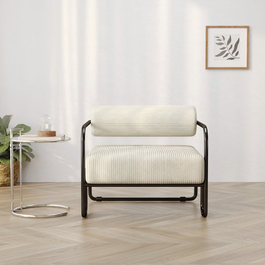 Modern Leather Armchair With Stylish Backrest 68.5x73x70.5CM - Covering In Soft Corduroy  Black Metal Frame. Minimalist Design For Living Room, Bedroom Or Office