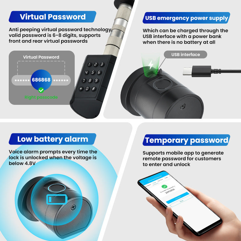 Smart Lock Cylinder Graffiti-proof Bluetooth Fingerprint Password Lock For Indoor Use