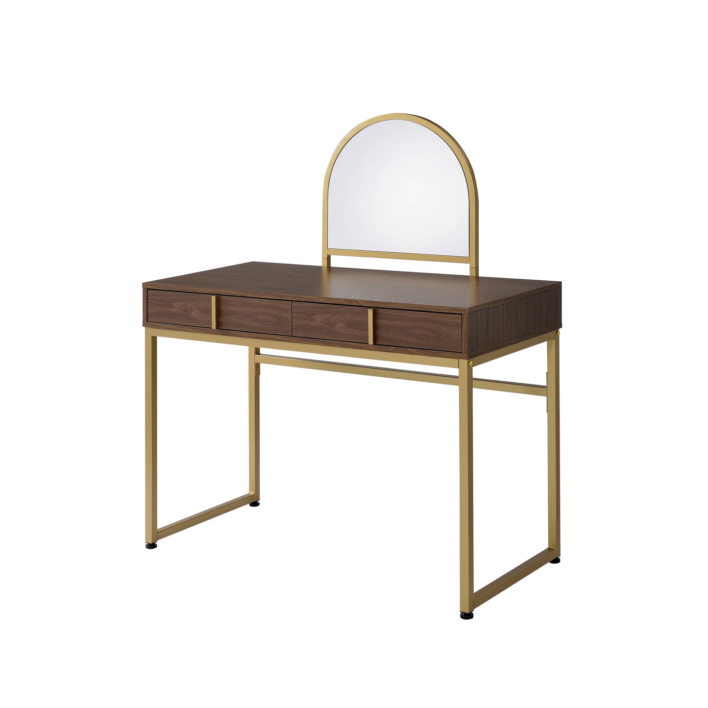Coleen Walnut & Gold Finish Vanity Desk W Mirror & Jewelry Tray