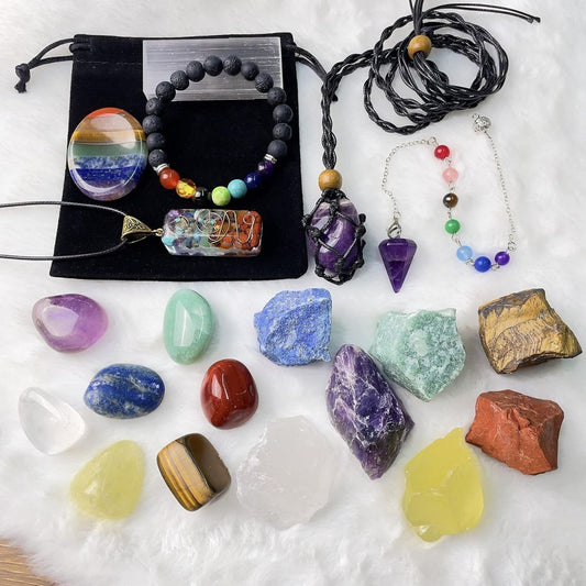 22pc Natural Yoga Crystal Woven Net Pocket Pendant Necklace