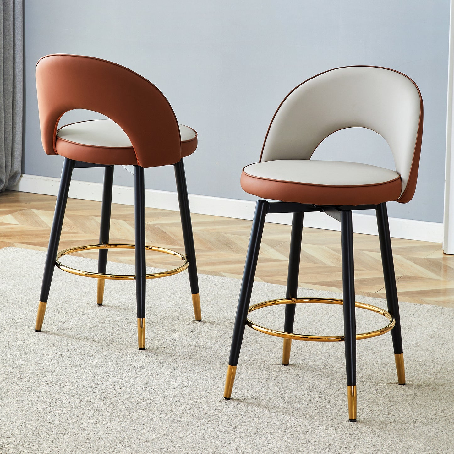 360  Rotatable Bar Chair.Modern Brown And Light Gray Spliced Color PU Comfortable Upholstered Bar Chair With Smooth And Beautiful Black Metal Legs For Dining Room, Kitchen, Terrace.Set Of 2.