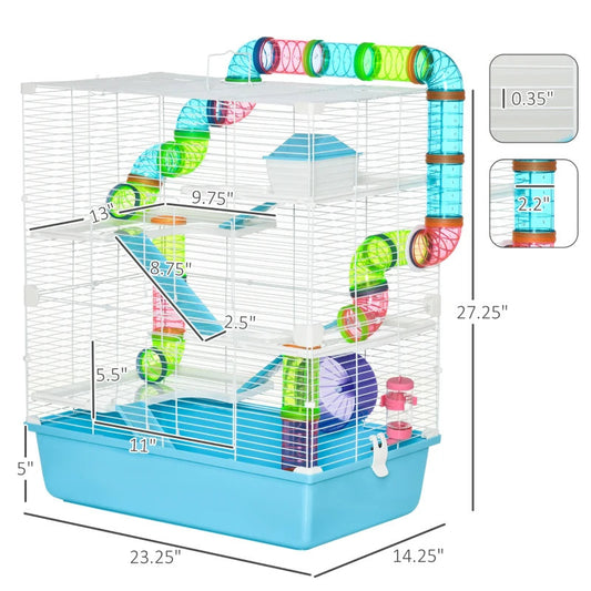 Hamster Cage With Tubes And Tunnels, Portable Carry Handles, Rat House And Habitats Big 5-Tier Design, Mouse Cage Includes Exercise Wheel, Water Bottle, Food Dish, Light Blue
