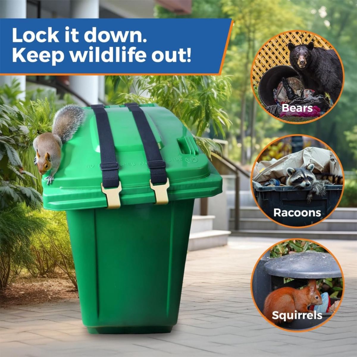2-Piece Set Of Bear-Proof Trash Can Locks - Durable Metal Claws, Tight Seal, Adjustable Straps (26–52 Inches) - Perfect For Home And Outdoor Use - Easy Installation