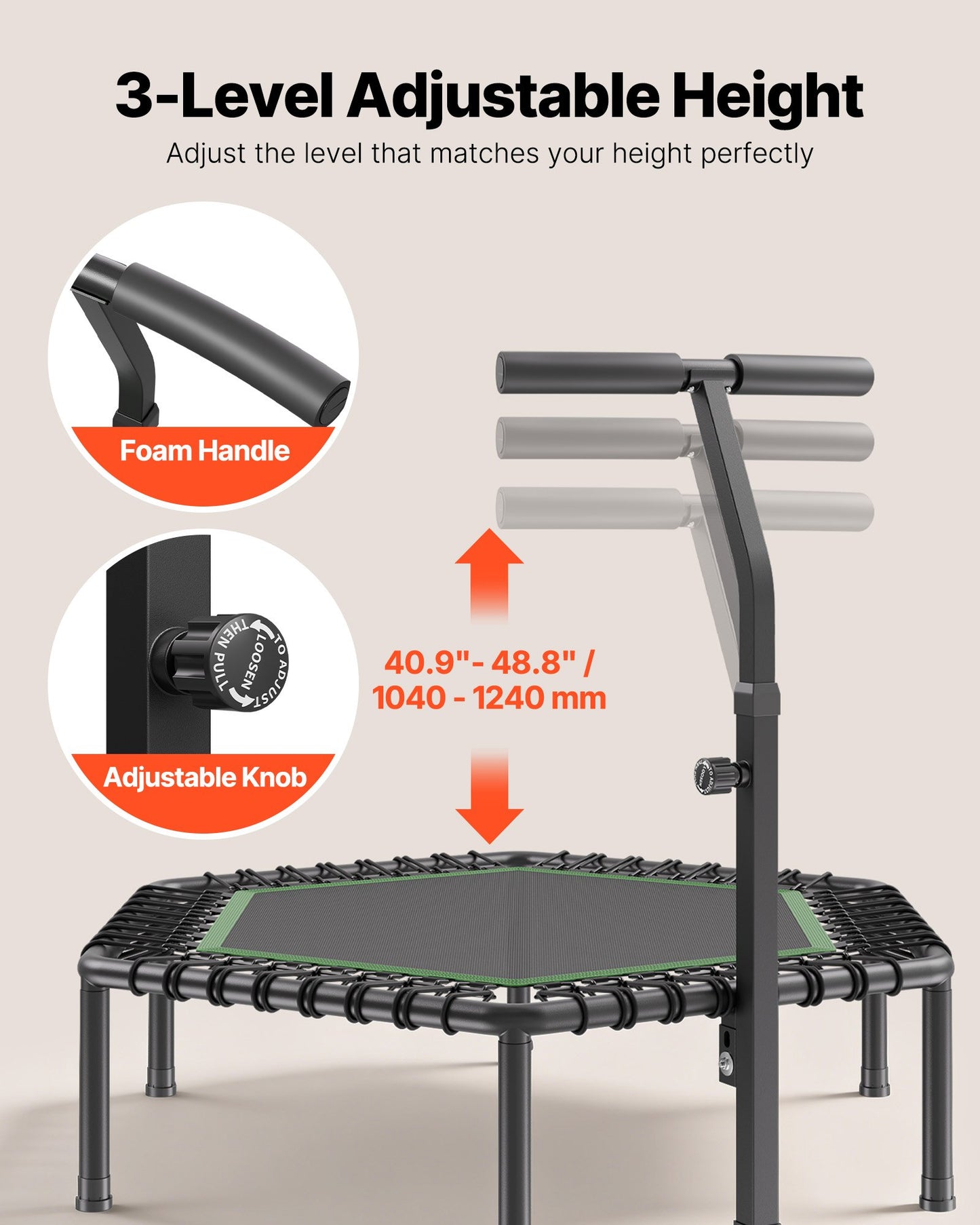 54.5 Inch Mini Trampoline, 450 Lbs Max Load Fitness Rebounder, Stable & Quiet Small Trampoline With 3 Levels Height Adjustable & Foam Handle, Exercise Rebounder For Adults Indoor/Garden Workout