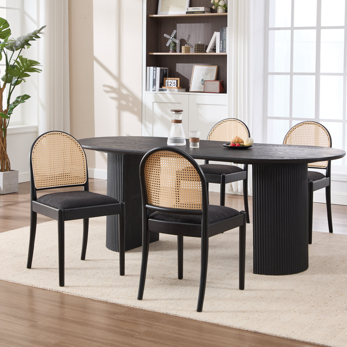 Rattan Dining Chairs Set of 2, Upholstered Linen Dining Room Chairs with Backrests, Modern Kitchen Chairs with Wood Legs for Dining Room, Black