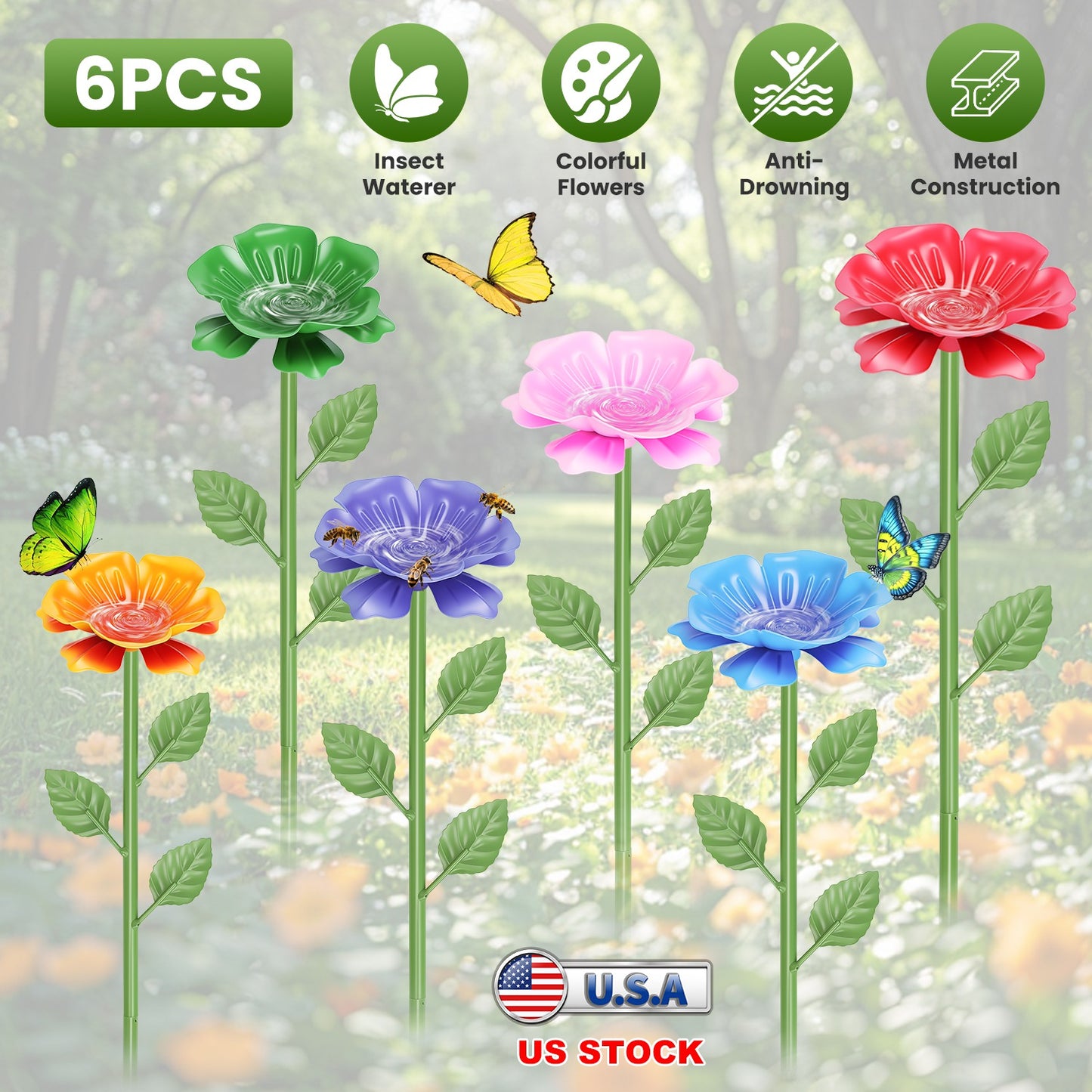 6Pack Metal Bee Watering Stations, Anti-Drowning Bee Butterfly Feeders Pollinator Stakes With Artificial Flowers For Outdoor Garden Courtyard Decor