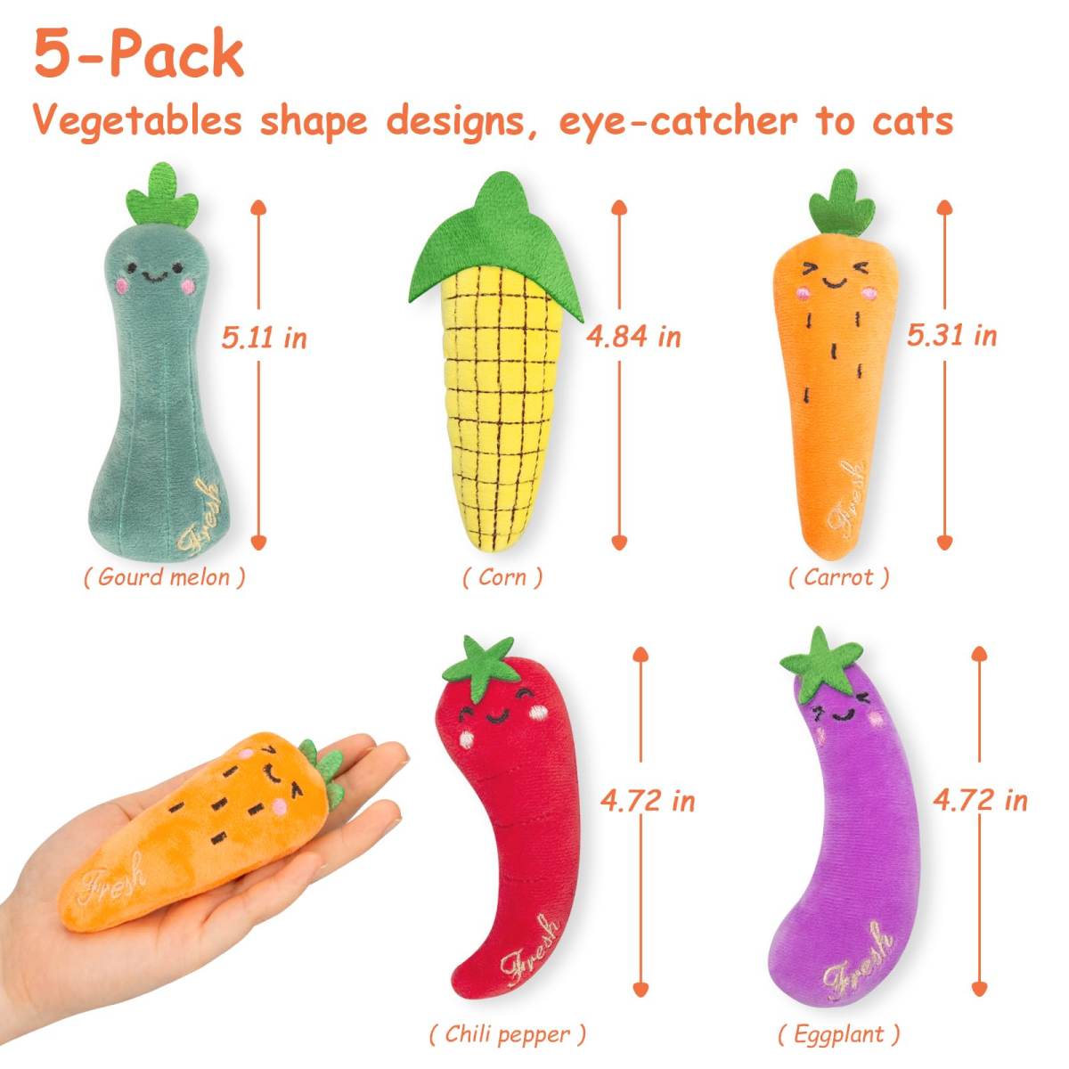 Catnip Cat Toys, 5 Pack, Plush Catnip Toys For Indoor Cats Kitten, Interactive Cat Nip Kitty Kicker Chew Safe Teeth Cleaning Toys, Carrot Vegetable Shape