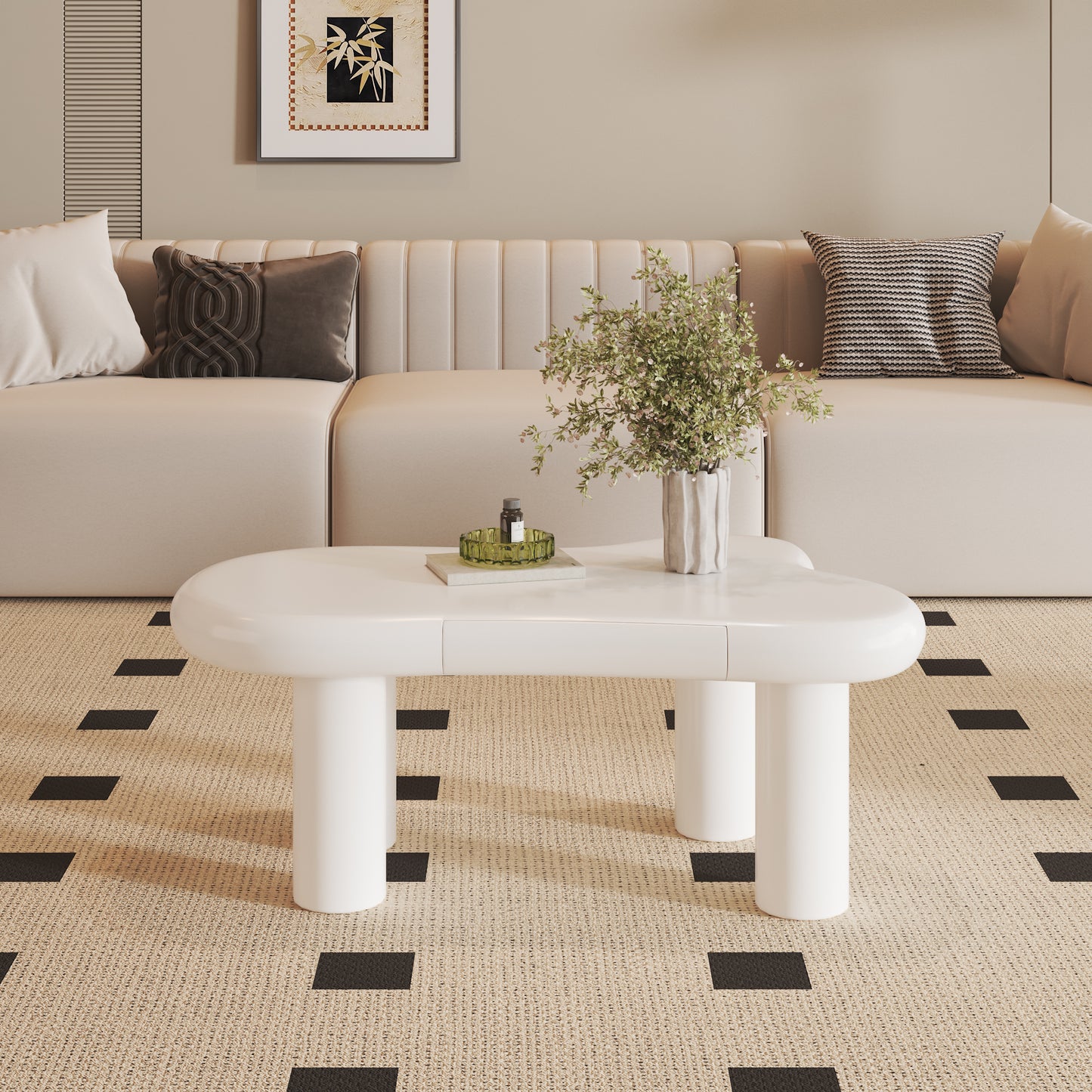 White Cloud-Shaped MDF Coffee Table With 16-Colour LED Lighting & Drawer  Modern Living Room Table, With Storage