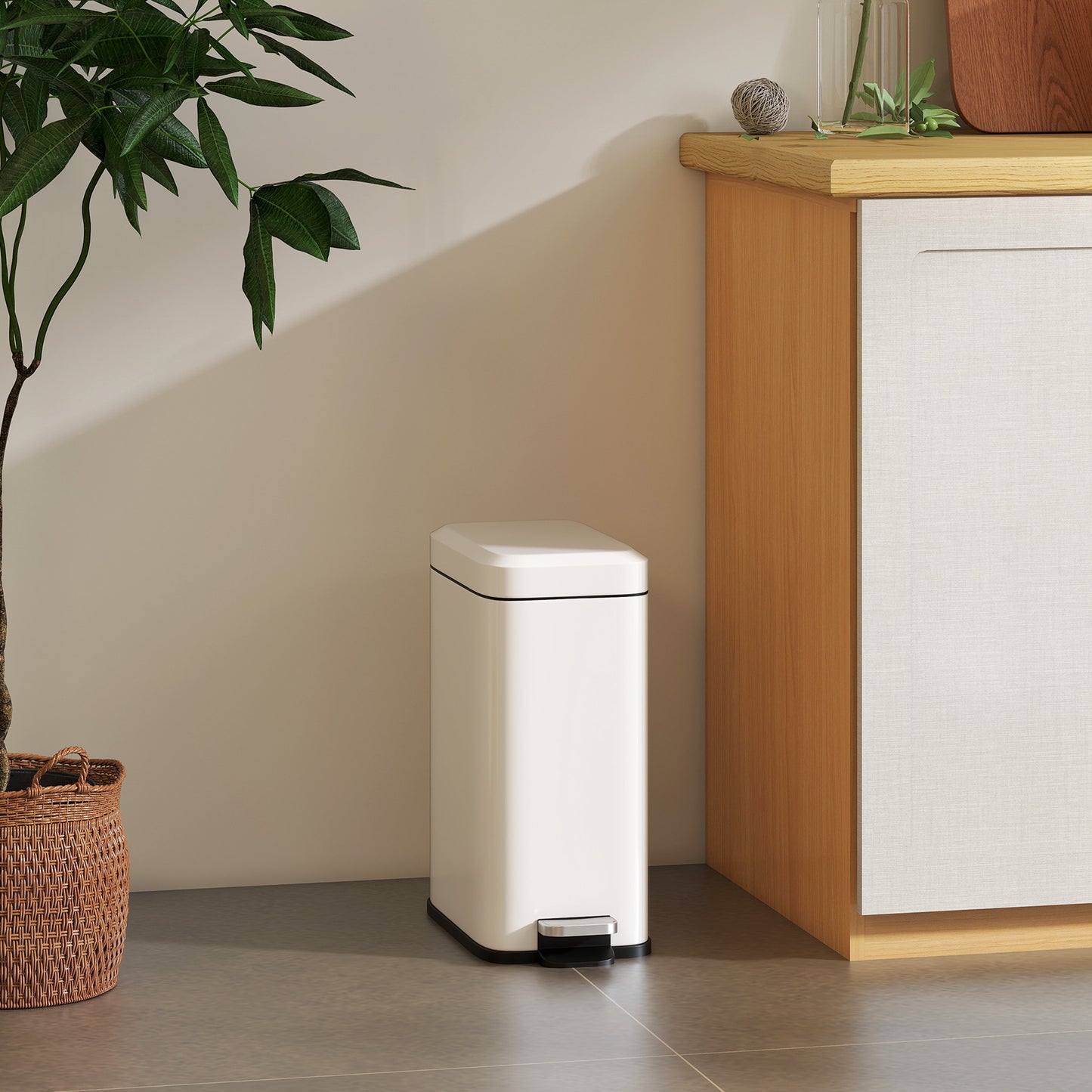 5L Rectangular Compact Bin Steel Body Removable Bucket Quiet-Close Lid W/ Pedal Lid Rubbish Trash Can Home Office Bedroom Bathroom Living Room Garbage Tidy Clean White