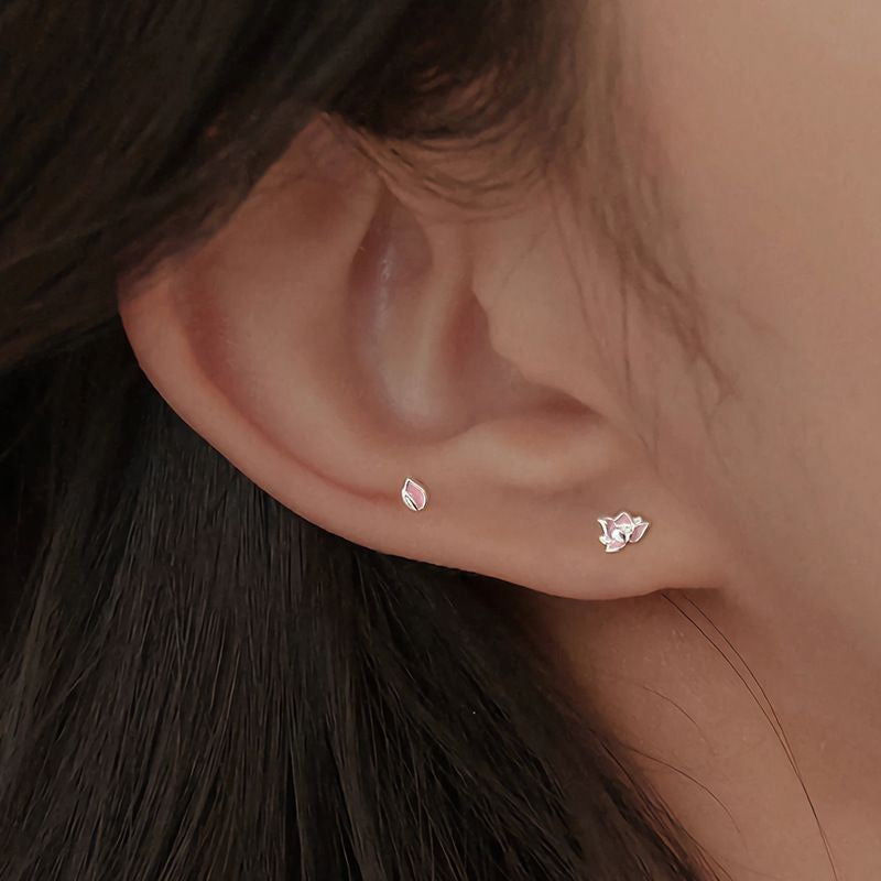 1pair 999 Sterling Silver Enamel Asymmetric Lotus Screw Back Stud Earrings, Gentle Oriental Style, For Daily Dating Wear & Women Holiday Gifts