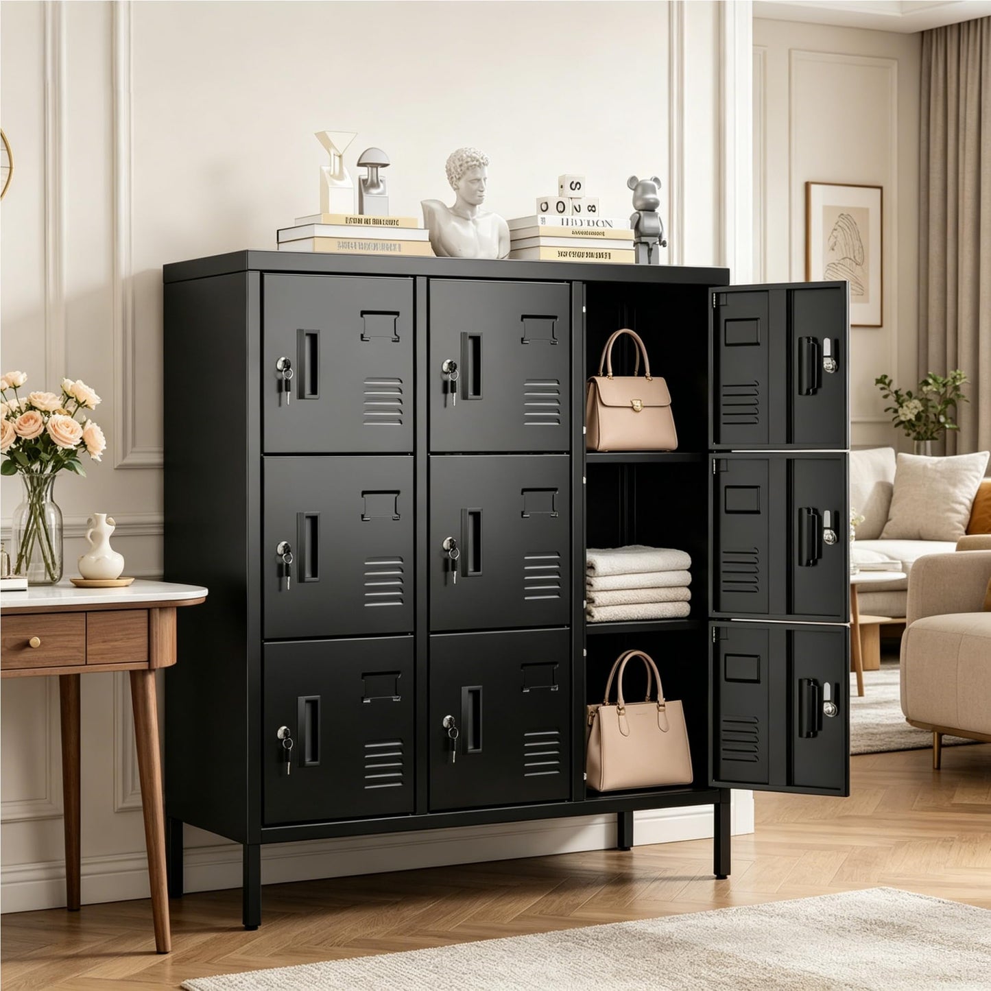 SUPEER Metal Lockers For Employees With 9 Doors,Lockable Metal Locker With Keys And Card Slot,Office Storage Locker For School Gym Home,15.79inch D X 35.51inch W X 37.8inch H,Black,Assembly Required