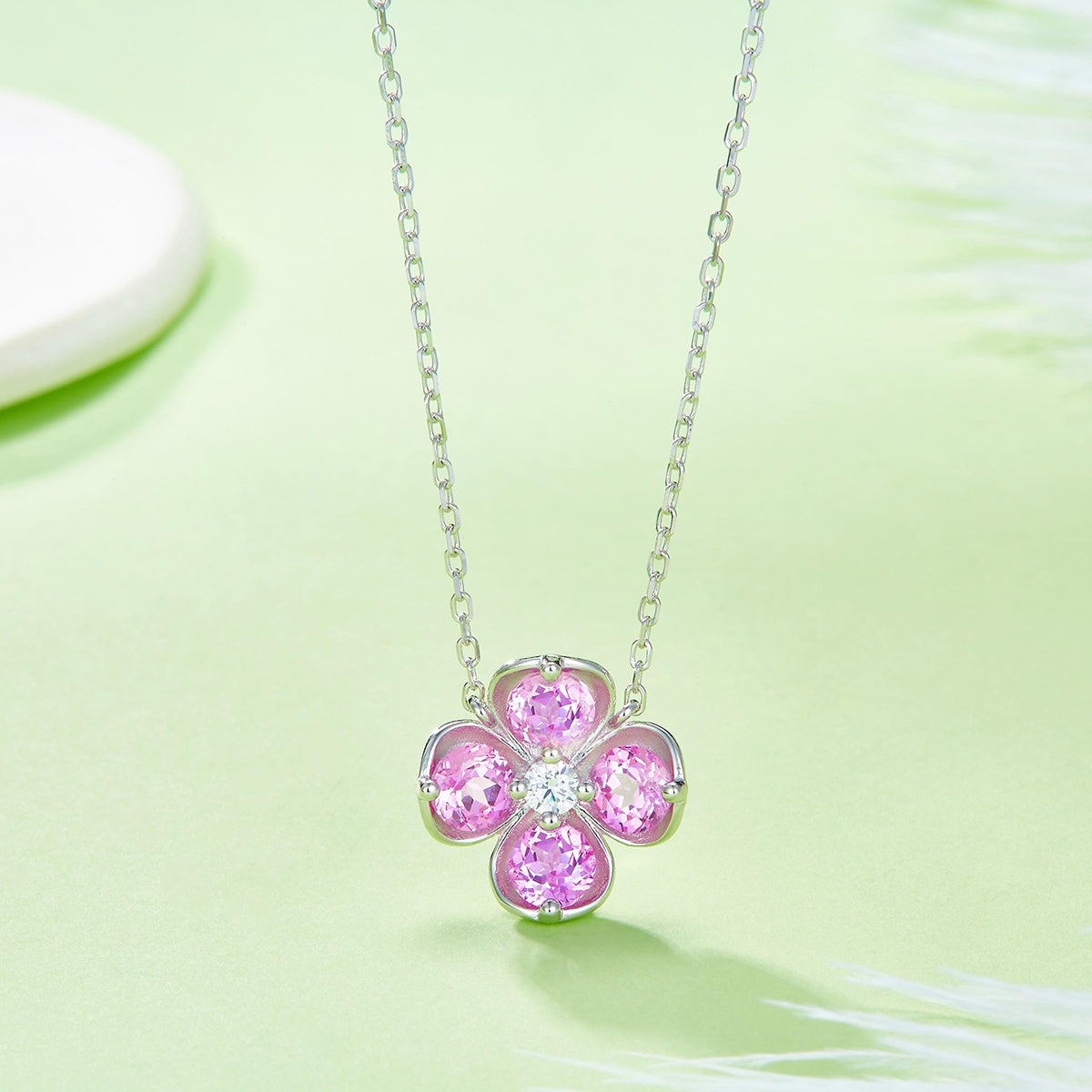 S925 Sterling Silver Clover Necklace, 2.6ct Lab-Grown Ruby Sapphire Emerald Padparadscha, Platinum Plated 45cm, 4.3g Gift Box