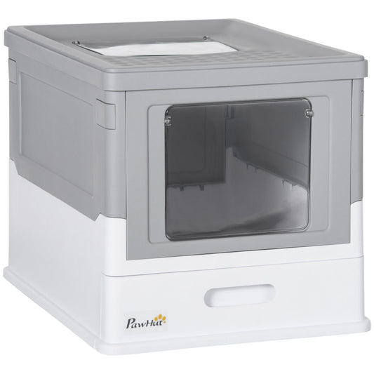 PawHut Hooded Cat Litter Box, Portable Pet Toilet, With Scoop, Front Entry - Grey