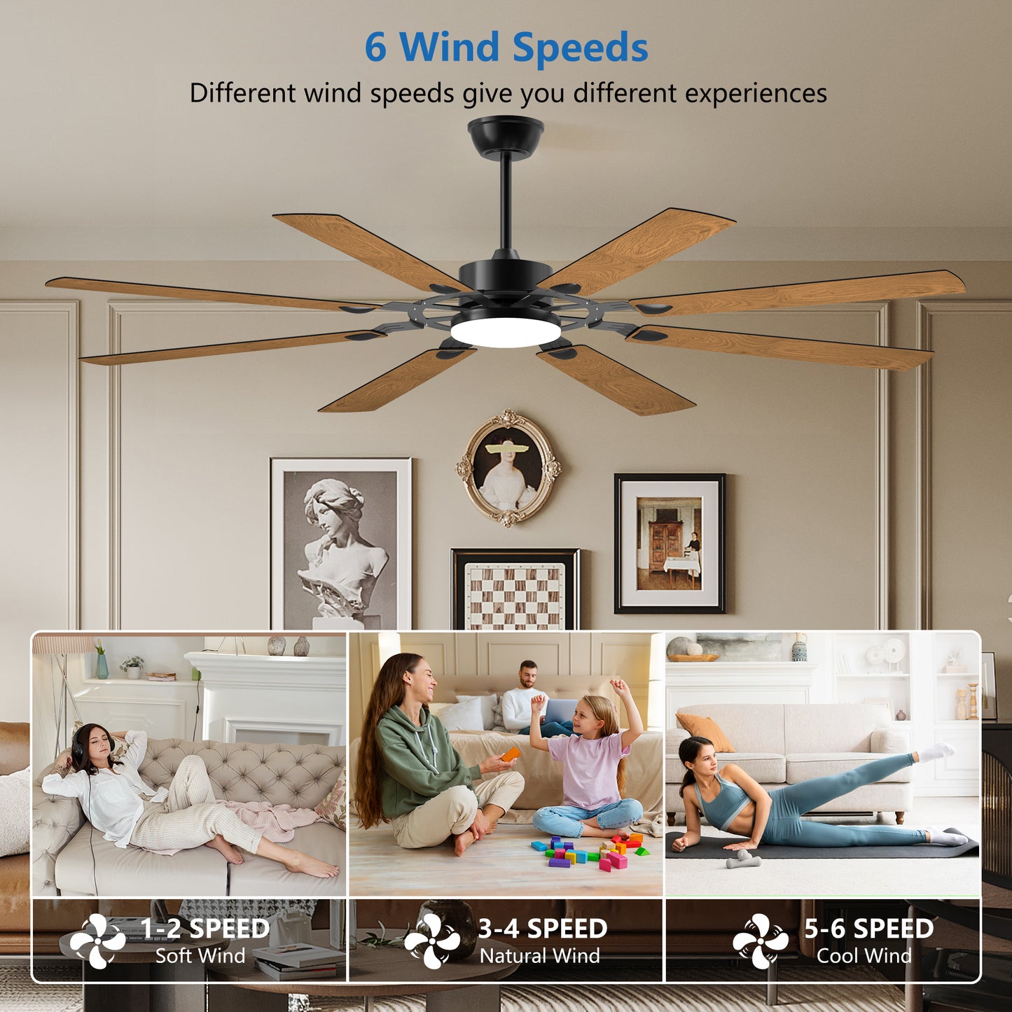 72-Inch 8-Blade Large Ceiling Fan,Reversible Quiet DC Motor,Indoor Outdoor Modern Ceiling Fan,Suitable For Kitchen,Living Room And Terrace,Black.