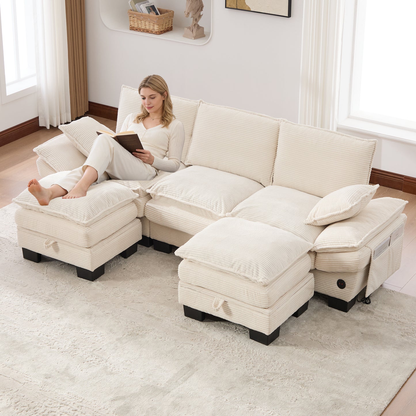 Modular 3-seater Corduroy Sofa  With 2 Stools  Wide Seat, Ergonomic Design, High-density Foam Padding, USB-C Port And Side Pockets. Ideal For Living Room, Office Or Lounge.Beige