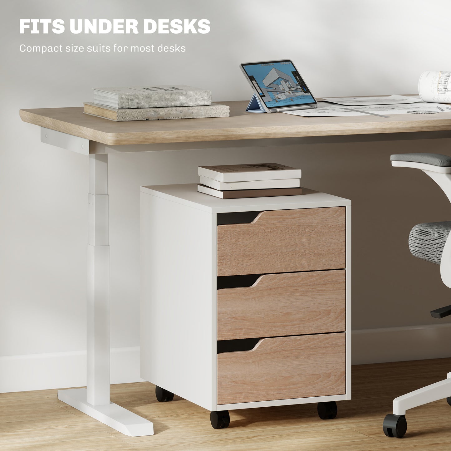3 Drawer Mobile File Cabinet, Vertical Filing Cabinet With Wheels For Home Office, Oak