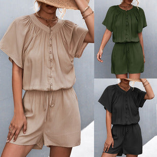 Spring And Summer New Product Best-selling Solid Color Round Neck Ruffled Short Sleeves Shorts Casual Suit