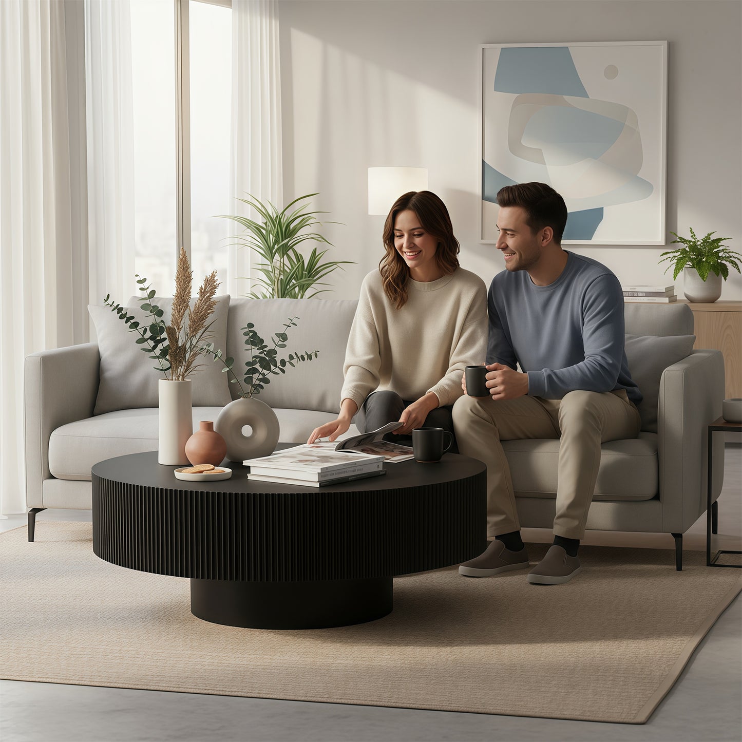 Round Coffee Table, Fluted Coffee Table With Sturdy Pedestal, Mid Century Modern Coffee Table For Living Room, Bedroom, Terrace, Office, Small Space  Black Round Thick