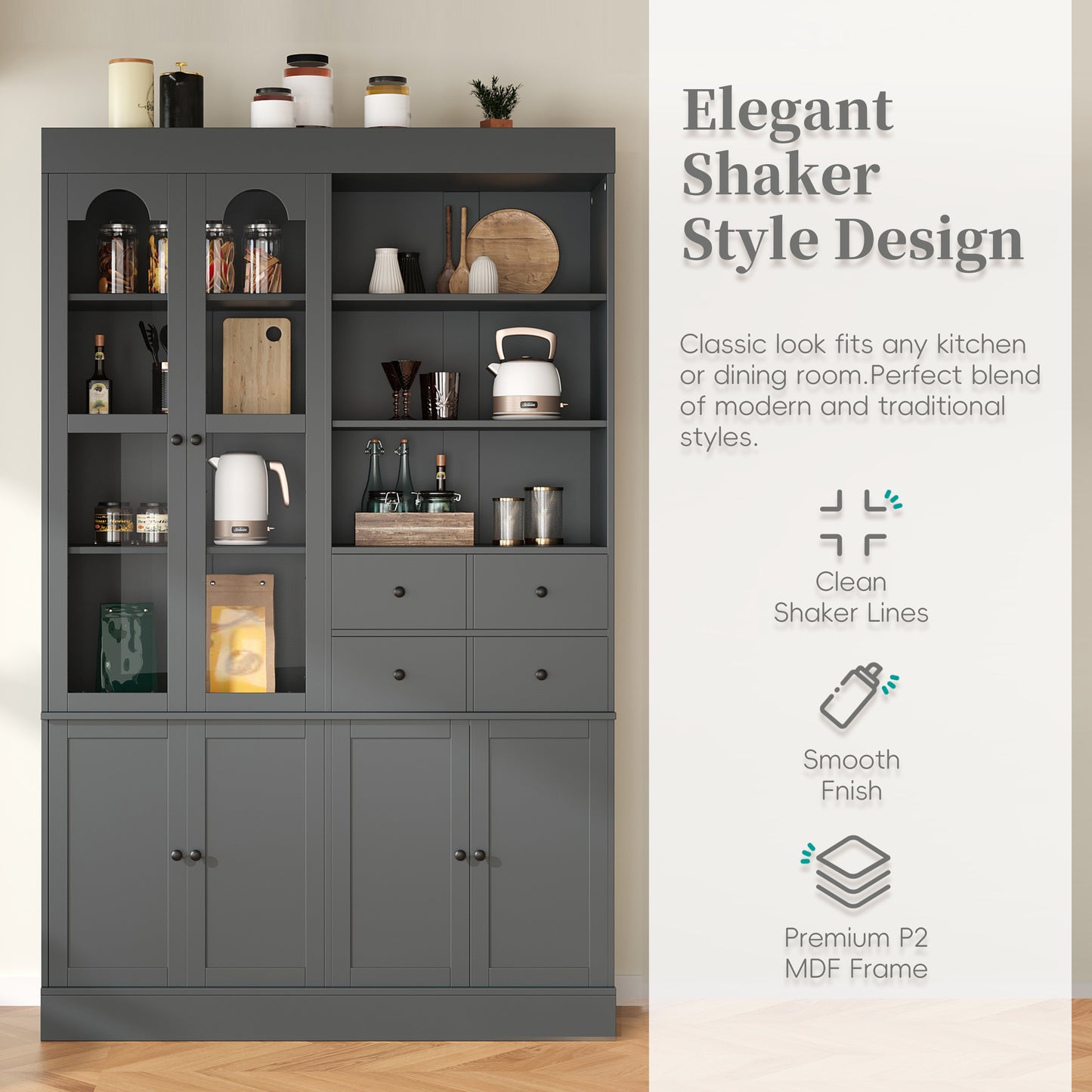 TOPMAx 47.2x15.7x75inch Freestanding Buffet With Hutch  Tall Kitchen Pantry Cabinet With 4 Drawers  Door Shelves And Pull- Out Trays For Dining Room  Living Room  Gray