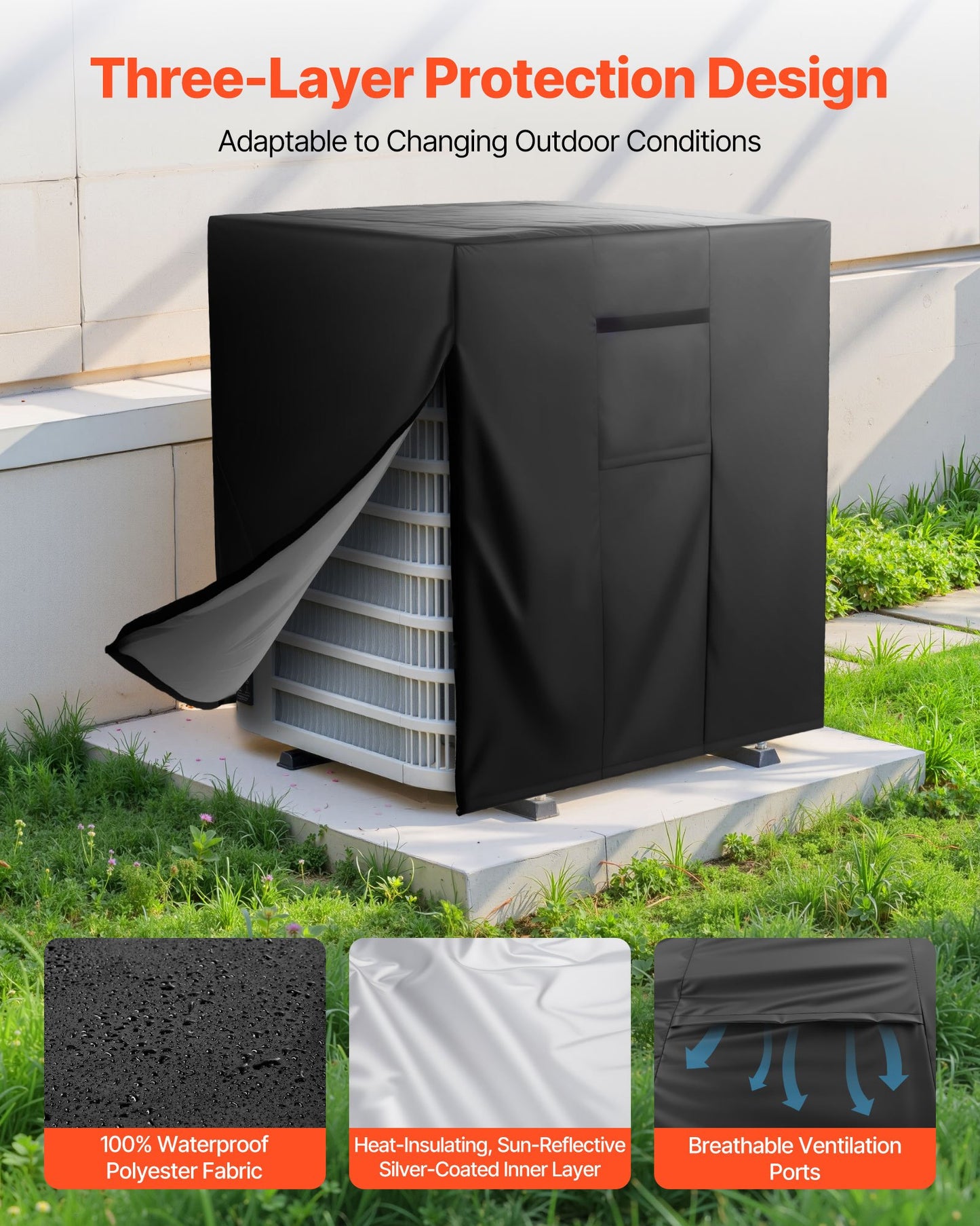 Air Conditioner Cover, 762 X 762 X 810 Mm Ac Cover For Air Conditioning Unit, Three-Layer, Waterproof Polyester Fabric, Mesh Ventilation, Universal Defender For Outdoor Outside Ac Unit, Black