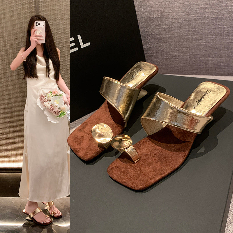 Women French Wedge Toe Loop Slide Sandals, 2026 New Summer Niche Square Toe Slip On Mules For Matching Dresses
