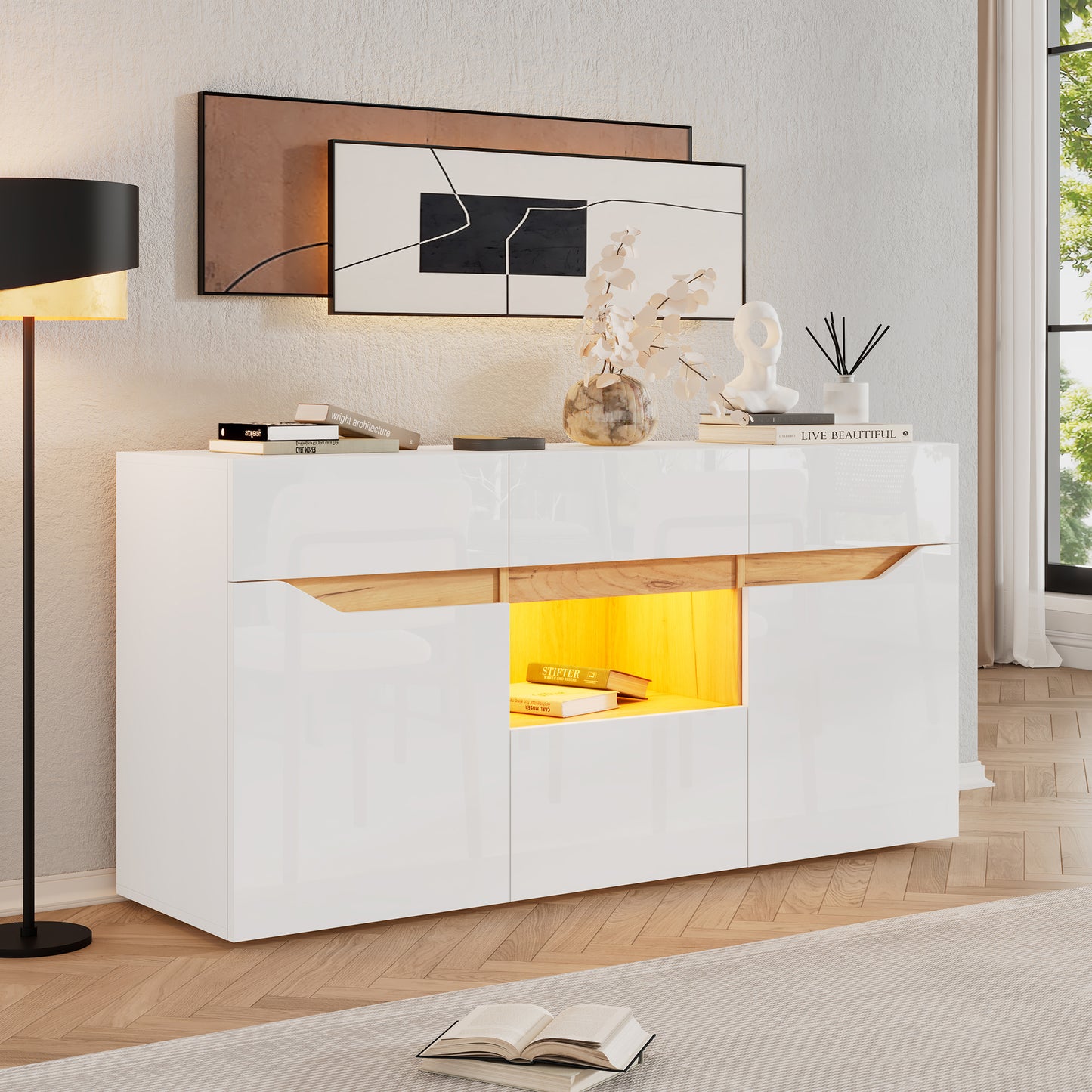140x40x70 Cm Living Room Sideboard  4 Drawers, Two Compartments, Wide Handle-Free Design, Versatile Use, High-Gloss Unit With LED Lighting White & Wood Finish
