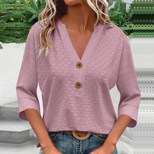 New Womens Fashion Casual Solid-color V-neck Long-sleeve Top With Buttons
