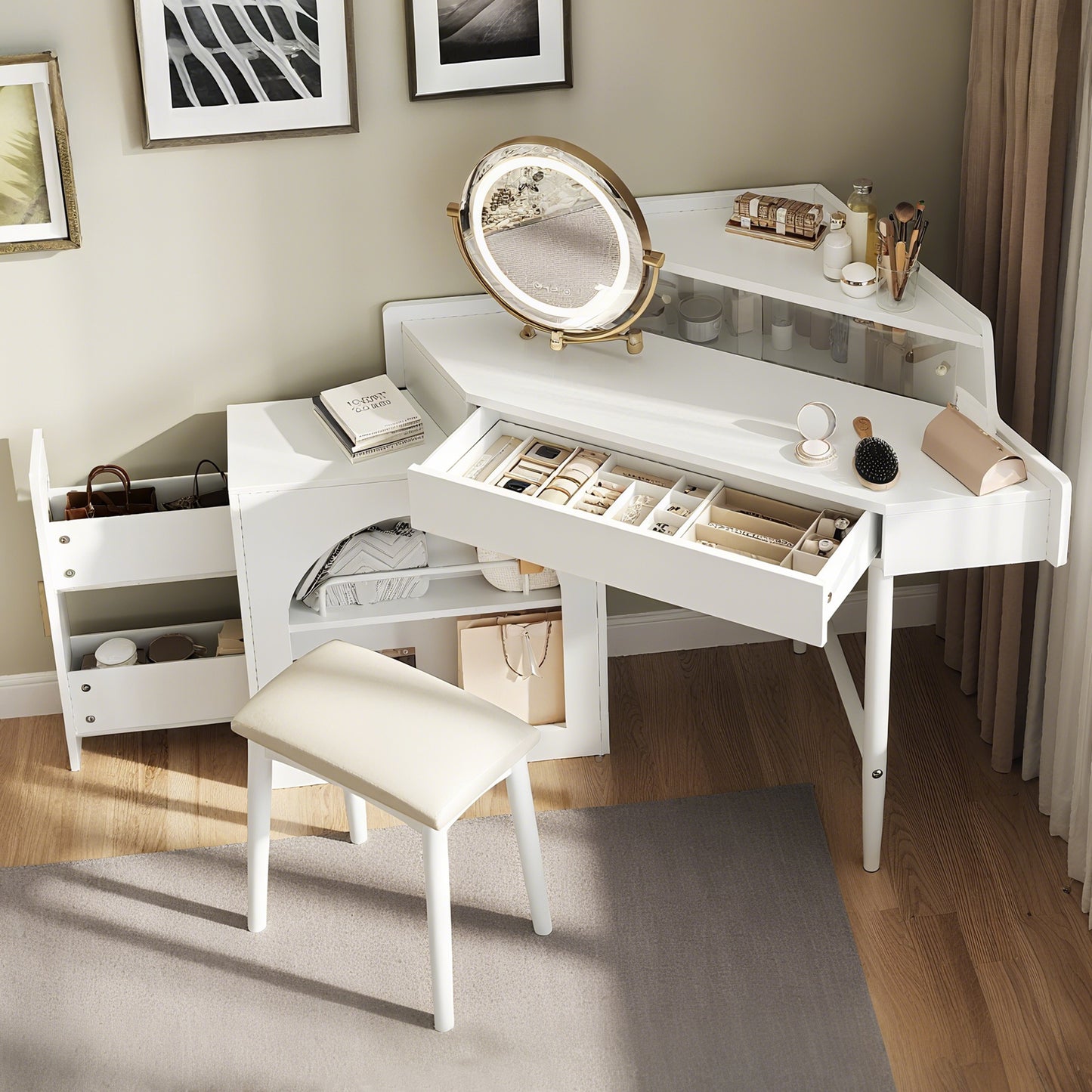 Corner Makeup Vanity Desk With Mirror & LED Lights, Modern Vanity Set With Mirror And Stool, Dressing Table With Large Storage For Small Place, Brightness Adjustable Folding Mirror, White