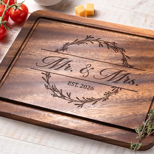 Craftique Wedding Gifts for Couples 2026, Bridal Shower Gifts- Walnut Wood Cutting Board Engraved with Mr. and Mrs. EST. 2...