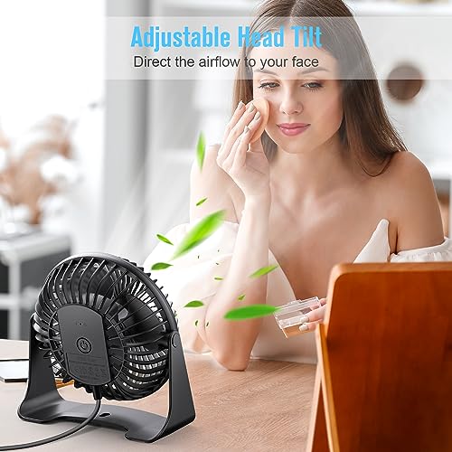 BESKAR USB Small Desk Fan, Portable Fans with 3 Speeds Strong Airflow, Quiet Operation and 360°Rotate, Personal Table Fan ...