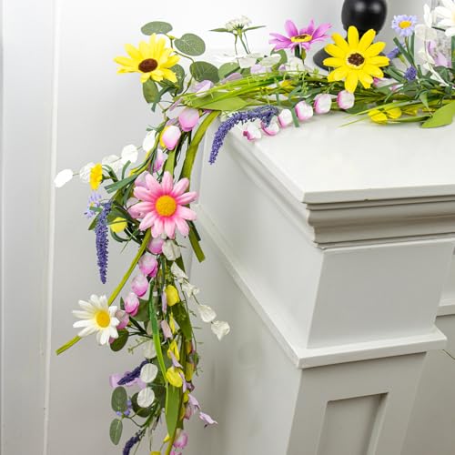 Yawwind Farmhouse Spring Garland 6 FT Vintage Spring Flower Garlands Summer Floral Garland Wildflower Garlands with Daisy ...
