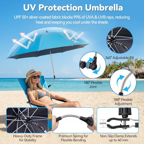 Folding Beach Chair with Umbrella, Low Profile Portable Sand Chair for Adults, Breathable Mesh Beach Seat with Cup Holder,...