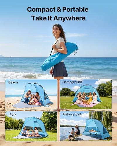 VEVOR Beach Tent Sun Shelter for 4 Person, Pop Up Beach Tent UPF 50+, Portable Sun Shade Beach with Carrying Bag and Sand ...