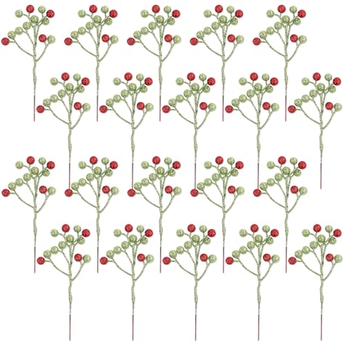 Fangoo 20 Pack 7 Inch Artificial Green Red Berry Picks for Christmas Tree Burgundy Green Red Berries Stems Holly Berry Bra...