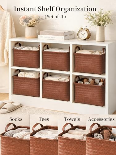 Panovox Hand Woven Baskets for Storage, 4Pcs Water-Resistant Wicker Baskets, Brown Wicker Storage Baskets for Shelves, Lar...