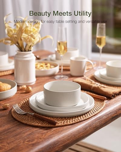 Famiware Star Dinnerware Sets, Plates and Bowls Set for 4, 12 Pieces Ribbed Dishes - Chip and Scratch Resistant, Microwave...