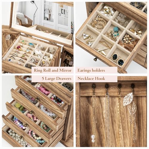 Emfogo Wooden Jewelry Box for Women, 6-Tier Large Jewelry Organizer Boxes with Mirror Rustic Solid Wood jewlery Storage Di...