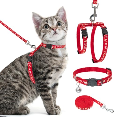PAWCHIE Cat Harness with Leash and Collar Set - Escape Proof Adjustable H-shped Cat Harness with Star and Moon Pattern Glo...