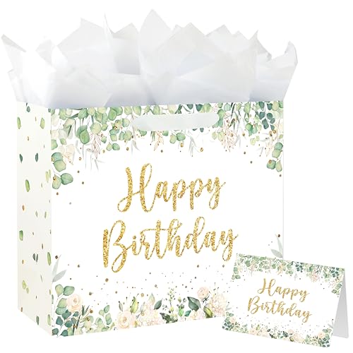 Yusenguan 13" Sage Green Birthday Gift Bag with Tissue Paper and Greeting Card for baby Girls or Boy Women Men Birthday Party