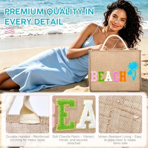 KUIRAN Beach Bag for Women Large Woven Straw Bag with Chenille Letter Patches and Water-resistant Lining, 20L Tote Handbag