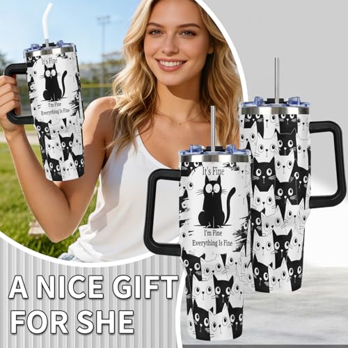 OMFUNS 40 oz Insulated Tumbler with Handle - Funny Black Cat Stainless Steel Metal Water Bottle with Lid and Straw, Everyt...