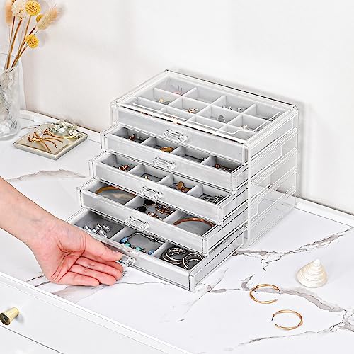 ProCase Earring Holder Organizer Jewelry Box with 5 Drawers, Acrylic Clear Earring Case with Adjustable Velvet Trays for W...