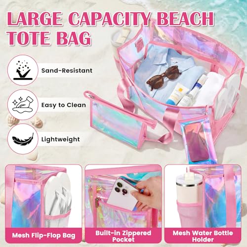 ComfyKit Iridescent Beach Tote Bag for Women - Waterproof Pool & Swim Bag with Detachable Makeup Case & Phone Pouch