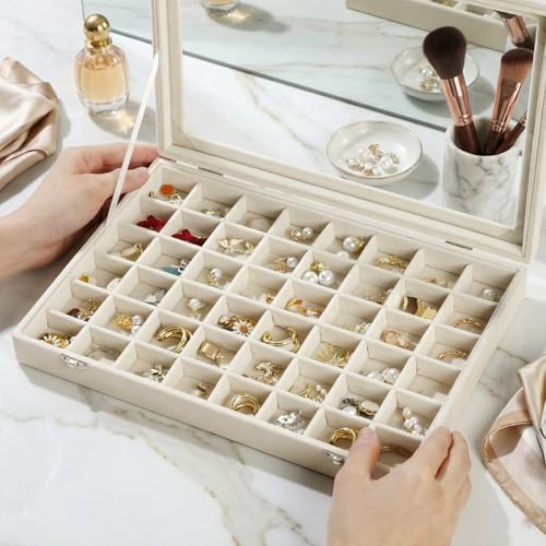DUNPUTE Velvet Jewelry Organizer Storage Tray, 48 Grid Adjustable Earring Holder Organizer with Clear Lid, Jewelry Display...