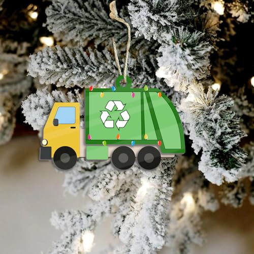Wooden 3D Garbage Truck Ornaments for Christmas Tree, Recycling Trash Truck Xmas Ornament Decoration, Waste Collection & M...